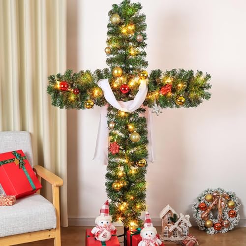 5ft Christmas Cross Tree with 100 Lights and a White Silk Scarf Christmas Decorations Jesus Christ Catholic Cross Decor He is Risen for Outdoor Home Decor (5 ft)