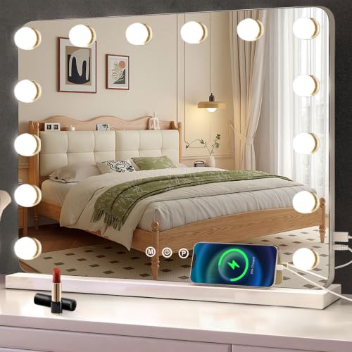 baklon Schminkspiegel mit Beleuchtung Hollywood Spiegel mit 14 LED Licht Dimmbar Kosmetikspiegel 3 Modi 58 x 43 cm Vanity Spiegel Tischspiegel mit USB 10X Vergrößerung für Schlafzimmer Schminktisch