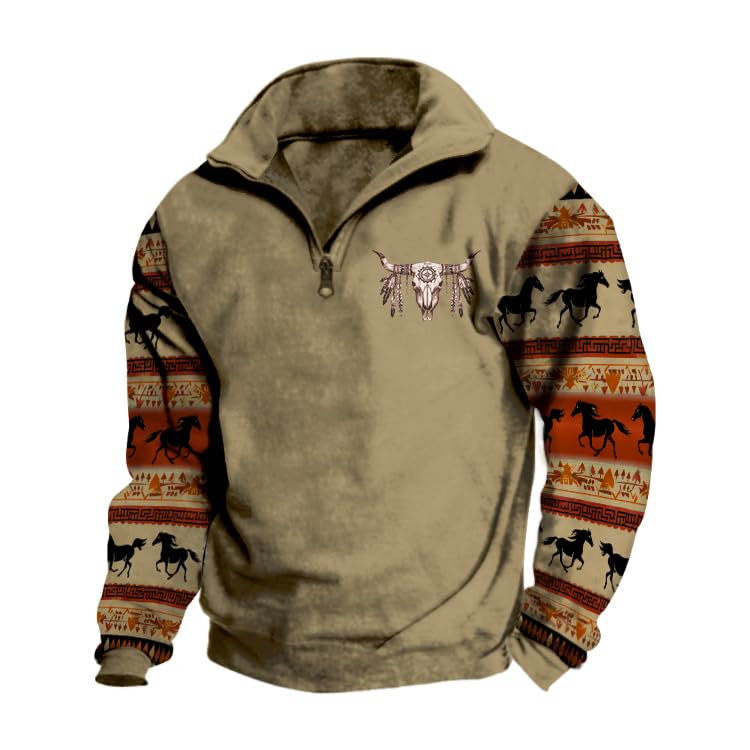 2024 Western Sweater Men Aztec Sweatshirts Vintage Western Aztec Hoodies Quarter Zip Up Pullover Sweatshirt