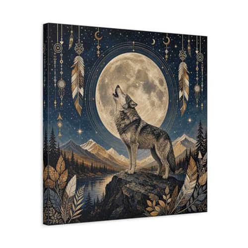 Tableau loup lune déco bohème salon carré 50x50cm