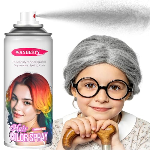 Waybesty Silver Gray Hair Spray Temporary Washable Grey Hair Color Spray for Kids Women One-Day Hair Color Dye Wax for 100th Day of School Costume Cosplay Party Christmas 120ml