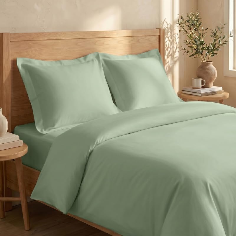 BIOWEAVES 100% Organic Cotton King Size Duvet Cover Sets, 300 Thread Count Long Staple Soft Breathable Sateen Weave Quilt Cover with Button Closure, Basil