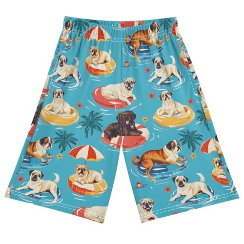 ALAZA Puppy Dog Palm Leaves Ocean Blue Pajama Shorts Sleep Shorts Pant Lounge Pajama Bottoms Elastic Waist with Pockets