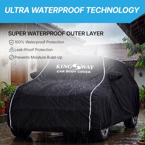 Image of KINGSWAY Super Waterproof Car Cover Only with Mahindra XEV 9S (Year 2026 Onwards - All Model) | Mirror and Antenna Pockets | All Weather Car Body Cover with Silver Piping | Black