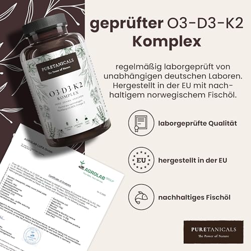 PURETANICALS Omega 3 + Vitamin D3 + K2 MK7 All-Trans | 240 Kapseln hochdosiert Premium Essentials O3-D3-K2 - Fischöl mit essentiellen EPA & DHA Fettsäuren | Fisch Öl Omega3 Fish Oil Tropfen Drops