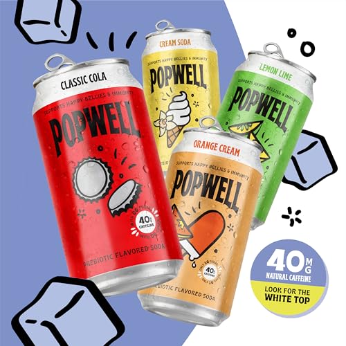 Image of Popwell Classic Cola Caffeinated Better-For-You Prebiotic Soda, with 6g Fiber, 1g Sugar, Vitamins and Immunity Support, 12 fl oz Cans (pack of 12)