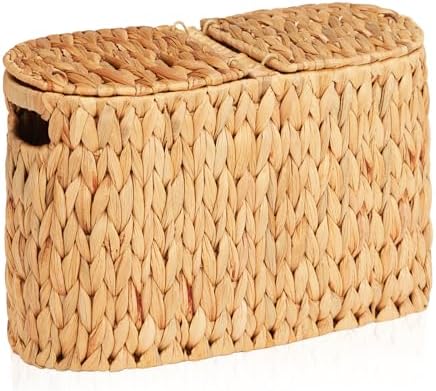 FairyHaus Wicker Toilet Paper Storage Basket with Lid & Handles, 6 Rolls Handwoven Toilet Paper Holder with Storage, Natural Water Hyacinth Toilet Paper Holder Stand Basket for Bathroom