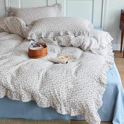 Image of BuLuTu Chic Shabby Blue Floral Print Duvet Cover Queen, Double-Layer Cotton Muslin Comforter Cover with Ruffles, Kids Teens Bedding Quilt Covers,90 inchx90 inch, Zipper Closure, No Pillow