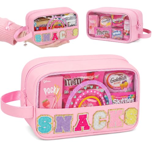 MONSTINA Snack Bag Pouch Makeup Travel Toiletry Bag Clear Embroidery Letters Cosmetic Bag for Women Girls Birthday Gifts for Teens Small