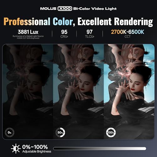 Image of ZHIYUN MOLUS X100 Bi-Color Pro 100W Video Light [Official] V2 Upgraded Version Professional Photography Lighting Portable Continuous Output Lighting 2700K~6500K CRI≥95 TLCI≥97 for Youtuber TT Photog