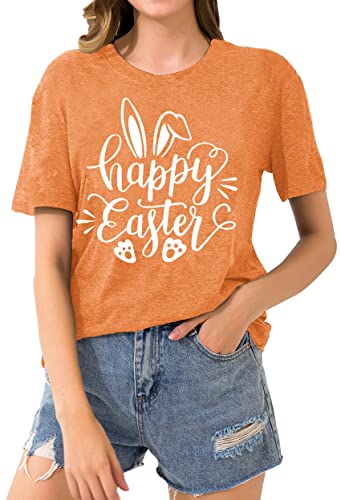 Image of Women Happy Easter T Shirt Bunny Rabbit Graphic T-Shirt Funny Letter Printed Shirts Short Sleeve Tops