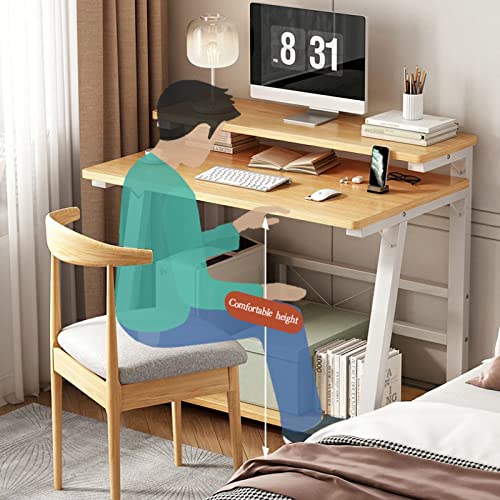 Bureau d'ordinateur en chêne massif compact avec étagères de rangement