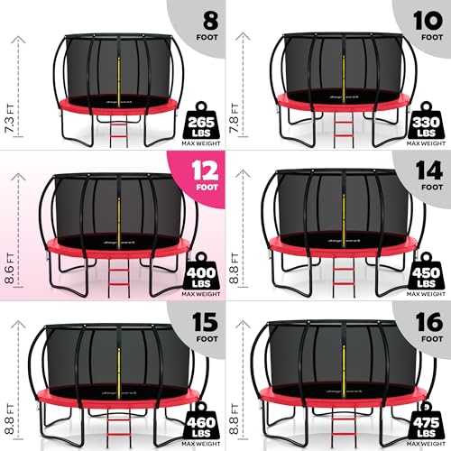 Image of JoyBerri Upsurge Trampoline Outdoor - ASTM Certified Safe 8Ft 10Ft 12Ft 14Ft 15Ft 16Ft Recreational Trampoline for Kids and Adults. Anti-Rust Coating with Enclosure Net, Ladder, Sprinkler & LED Lights