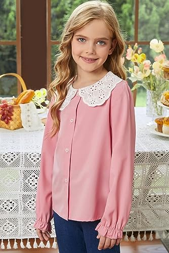 Image of DOKOTOO KIDS Girls Ruffle Long Sleeve Chiffon Blouses Cute Peter Pan Collar Shirts Tops 7-15 Years
