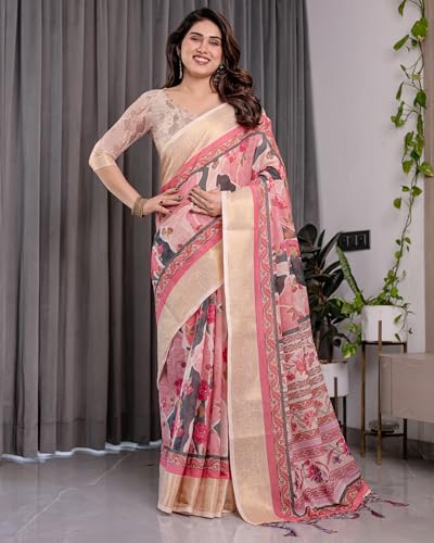 Image of ALMAARI FASHION Handloom Cotton Linen Saree for Women with Floral Printed Design and Tassel Pallu, Traditional Ethnic Lightweight Saree for Daily Office Festive with Blouse Piece