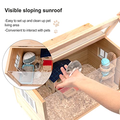 Natural Wood Hamster Cage With Openable Roof- Visible Small Animal Hideout Cages With Acrylic Transparent Board- Oblique Opening Hamster Habitat Cage For Indoor Syrian Dwarf Hamsters Mice Small Animal #TOP1