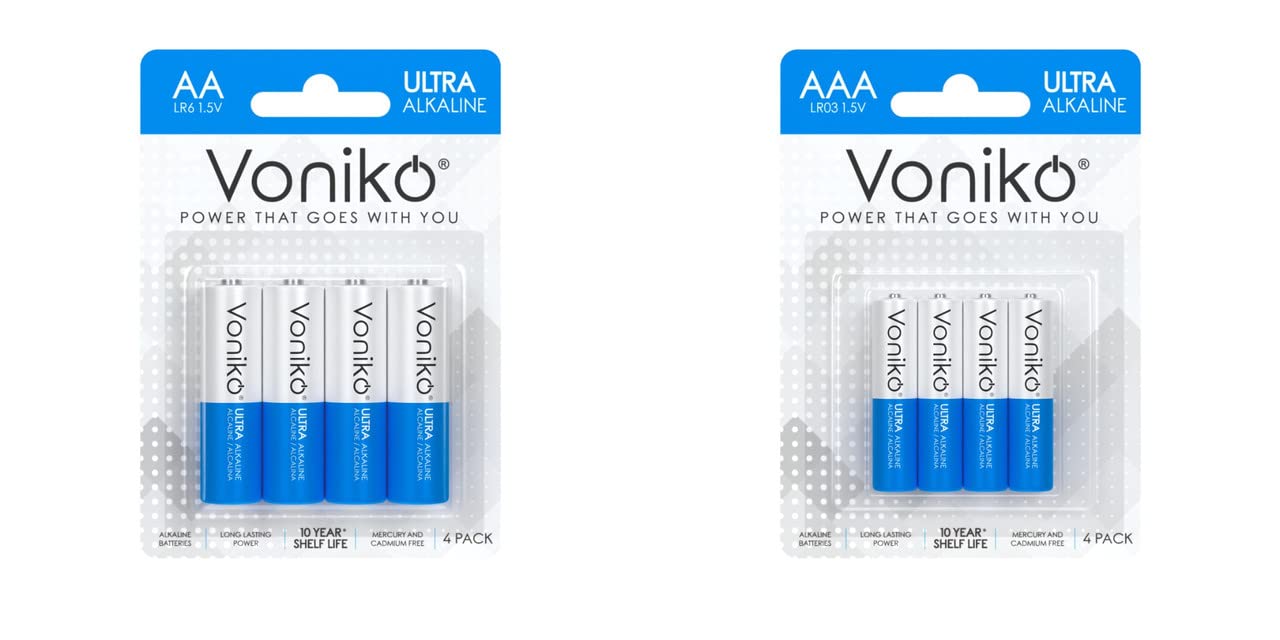 vonikq voniko pack 8 of aa and aaa high performance alkaline non-rechargeable batteries(qty 4 each)