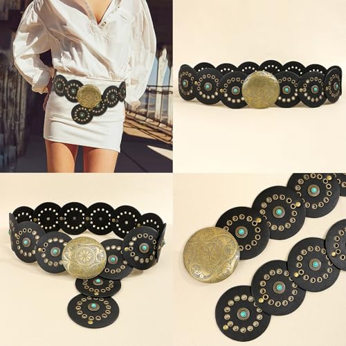 Wide-Disc-Belts Boho-Chunky PU-Leather Western-Concho-Waist-Belt for Women Dress Jeans2