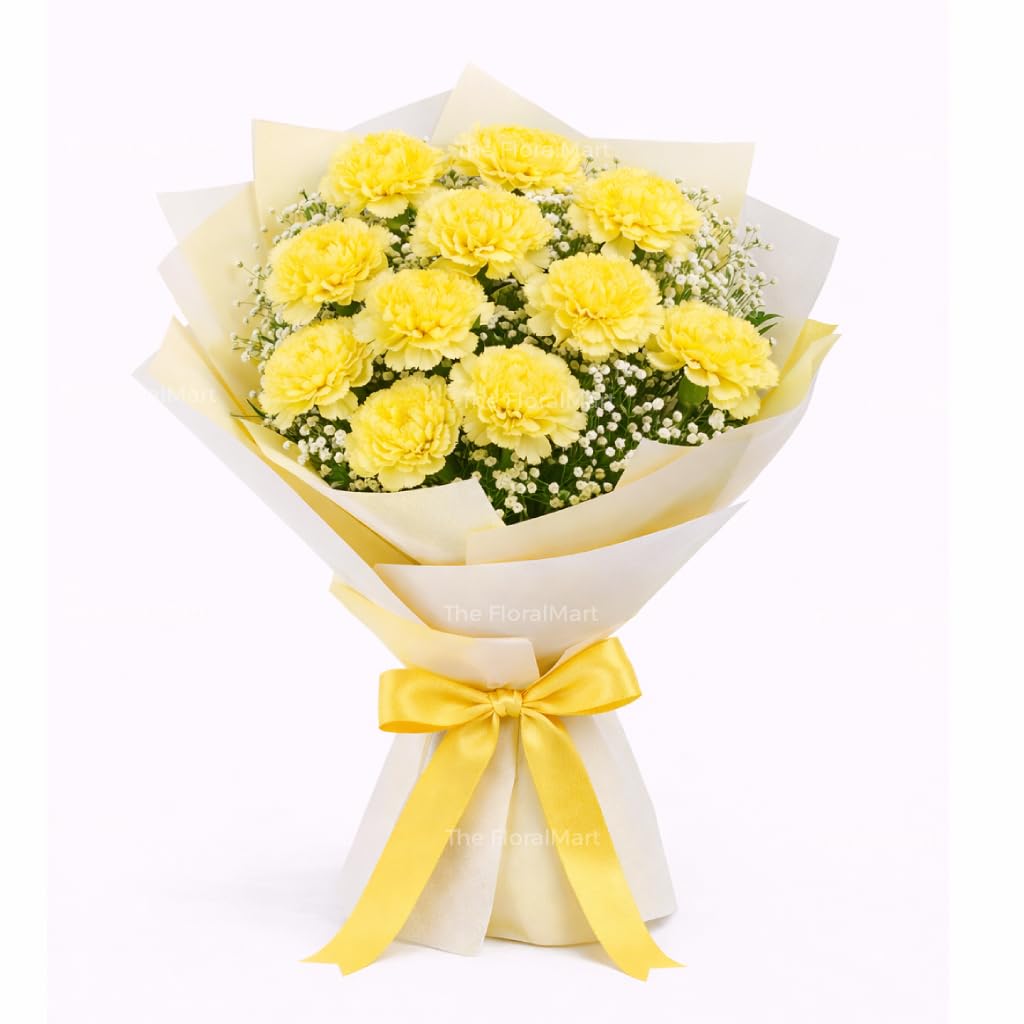 The FloralMart Fresh Flowers Bunch of 10 Yellow Carnations in Paper Wrapping with Seasonal Fillers, for Birthday Gift, Anniversary Gift, Wedding Gift, Valentines Day Gift, (Same Day Delivery)-image-20