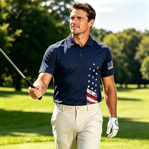 Camisetas Polo para Hombre con Estampado de Bandera Estadounidense, Camisas de Golf Patrióticas con Tecnología Antitranspirante y Secado Rápido miniatura 5