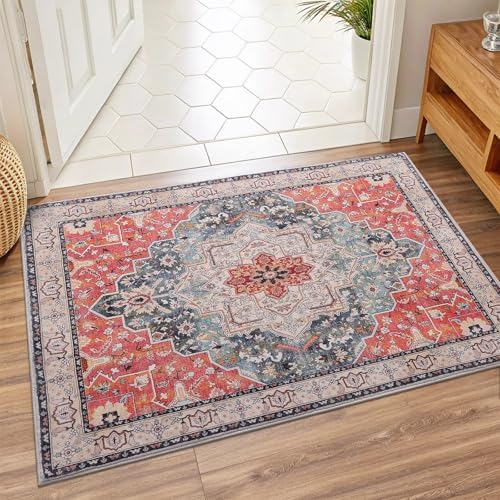 2x3 Washable Area Rug – Soft, Non-Slip Entrance Rug, Durable Indoor Door mat, Floor Carpet for High-Traffic Areas, Entryway, Kitchen, and Bedside, Artistic Flair/Brick Red