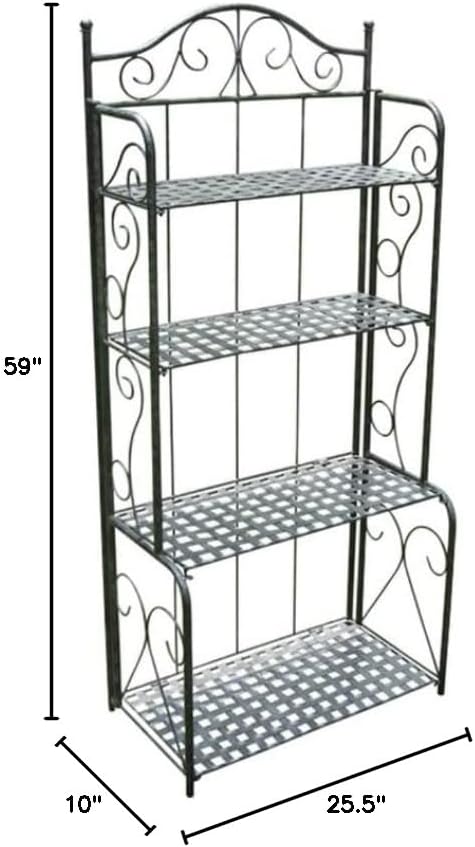 Indoor Outdoor Folding Black Metal Bakers Rack with 4-Tier Lattice Shelves