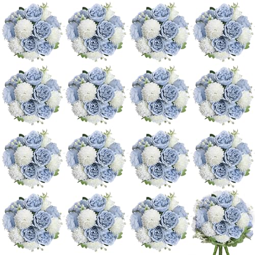 Scawim 16 Bundles Peonies Artificial Flowers Dusty Blue & Ivory