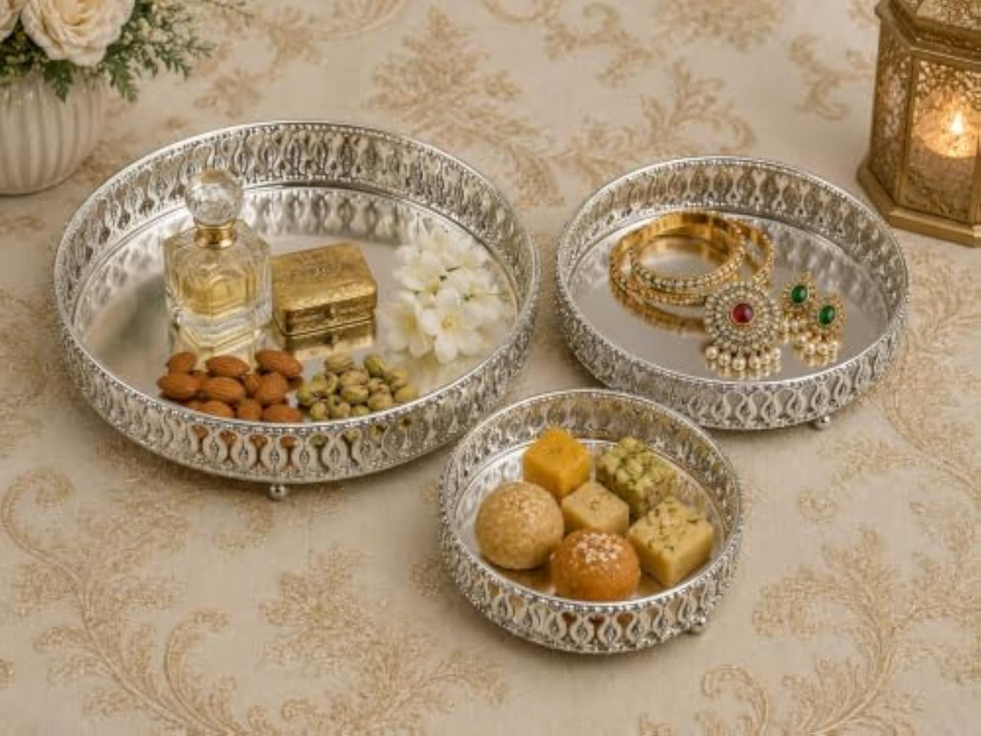 German Silver Round Decorative Tray Set of 3