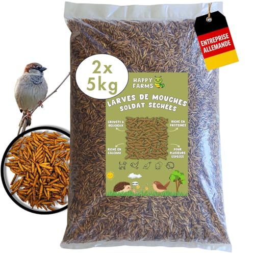 HappyFarms Larves de Mouches Soldats séchées – Plus de Calcium Que Les vers de Farine. 10 kg de Nourriture pour Oiseaux Sauvages, Poissons et hérissons