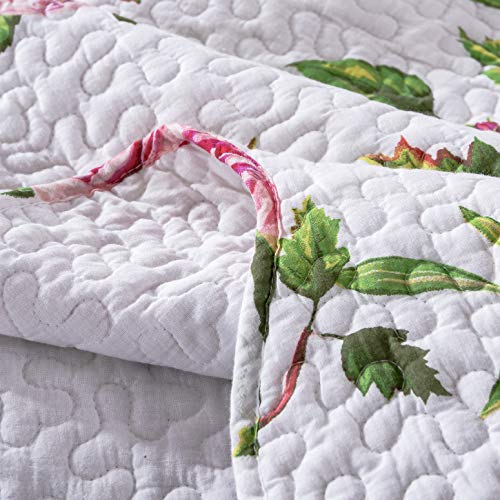 Dada Bedding Romantic Roses Floral Bedspread Set - Lovely Spring Pink & White Scalloped Colorful Lightweight Breathable - Bright Vibrant Quilted Coverlet W/Pillow Shams - Twin - 2-Pieces #TOP4