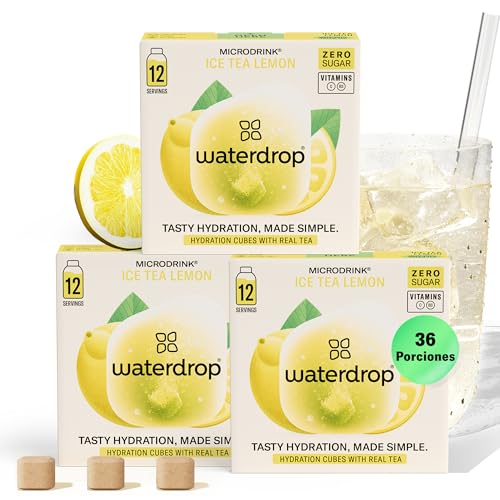 waterdrop® Microdrink, Té Frio LIMÓN, 36 Pastillas Saborizantes Para Agua SIN AZÚCAR, Té VERDE, Con VITAMINAS, Refresco Instantaneo Sin Calorias, Infusiones Variadas Polvo, Ice Tea