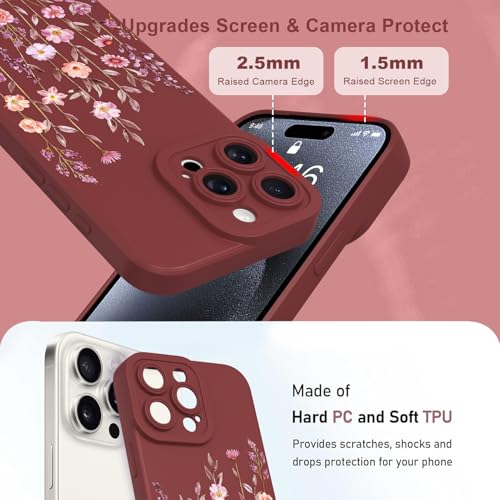 Image of Designed for iPhone 15 Pro Case Flower for Women Girls, Wine Red | Cute Floral Pattern Liquid Silicone Phone Case [Full Camera Protection] Slim Soft TPU Protective Cover