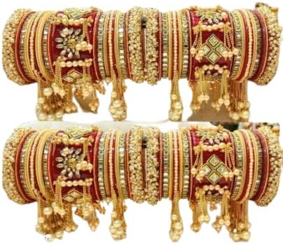 CHURA Juego de pulseras de joyería nupcial bañadas en oro Rajasthani ChuraPunjabi Chuda para boda con piedras y perlas Rajasthani Kundan Meenakari