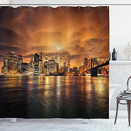 Ambesonne Cityscape Shower Curtain, Manhattan at Sunset New York from Brooklyn Reflections Seaport Scenery Print, Cloth Fabric Bathroom Decor Set with Hooks, 70  Long, Orange Black