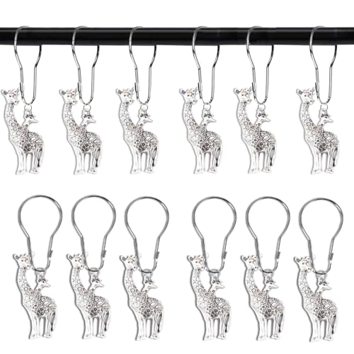 YRMLYMOP Giraffe Shower Curtain,12 Pcs Giraffe Shower Curtain Hooks Animal Forest Park Theme Decor, House Bathroom Decor Accessorie, Giraffe Bathroom Set Stainless Steel Ring Rustproof (Silver)