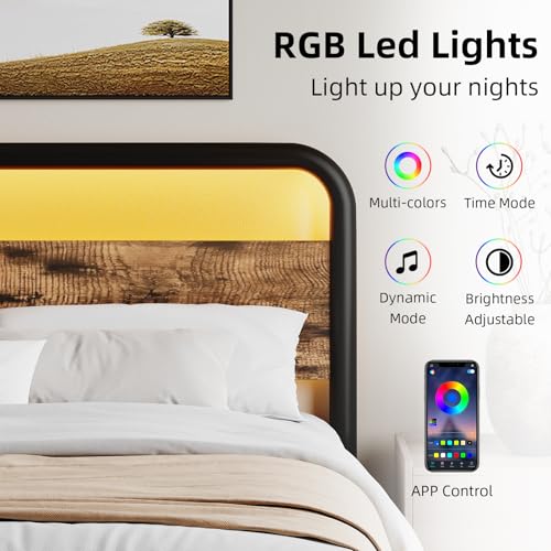 Image of King Size Bed Frame, Wood Headboard and Footboard, LED Lights, Rustic Brown