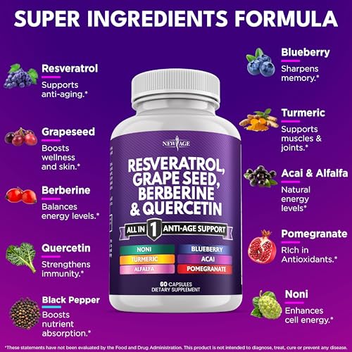 new age resveratrol berberine grape seed extract quercetin polyphenol supplement for women and men with noni extract n-acetyl cysteine acai extract - 120 capsules