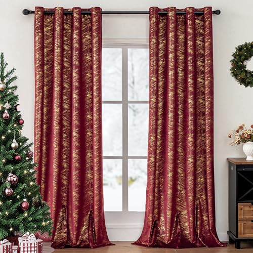 Luxury Burgundy Velvet Curtains for Living Room Bedroom Christmas Red and Gold Blackout Curtains 84 Inches 2 Panels Modern Gold Foil Print Noise Reducing Drapes Grommet Window Treatments, Burgundy