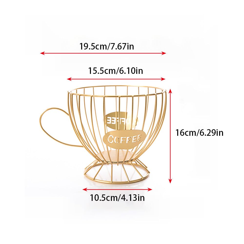 ikasus Iron Metal K Cup Coffee Pod Holder Organizer Basket Fruit Tabletop Organizer for Kitchen Restaurant and Office Fruit Bread Snacks and Coffee Capsules Storage, Gold CupTea Cup