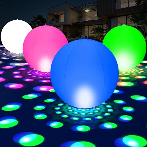 LanPool Floating Pool Lights 15 Inflatable Solar Powered Pool Lights that Float Color Changing LED Glow Balls IP68 Waterproof Solar Floating Light Up Balls for Pool Pond Outdoor Party Decor-4PCS