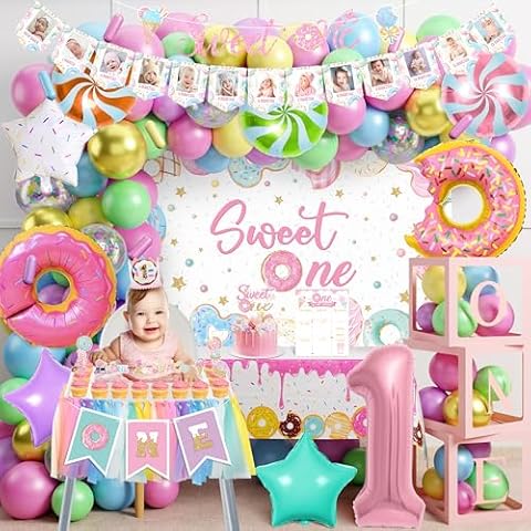 125Pcs Sweet One Birthday Party Decorations Donut 1st Birthday Decorations for Girl Donut Balloon Garland with Balloon Boxes Backdrop Monthly Photo Highchair Banner Tablecloth Cake Topper Crown Poster Cover