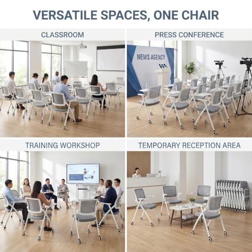 Image of Folding Office Chair Conference Room Chair with Armrest Mesh Back, Stackable Foldable Office Chair for Guest Reception Meeting Classroom Training Seminar (50, Gray- Wheel+Writing Board)