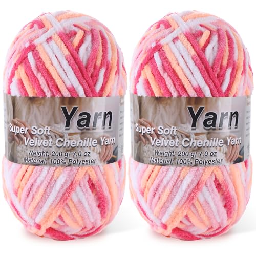 Image of 2 * 200g /7oz Chunky Chenille Yarn for Baby Blanket Yarn for Crocheting - Super Soft Chenille Plush Yarn - Bulk Thick Yarns Used for Making Scarves, Blankets, DIY Craft (Colorful- G)