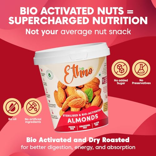 Image of Ethno Bio-Activated Almonds (14-Pack) - Premium Roasted & Sterilised Almond Nuts - Fresh Badam Dry Fruits - Heart-Healthy, No Added Sugar, Oil-Free, Clean, Healthy Snacks For Adults (420g)