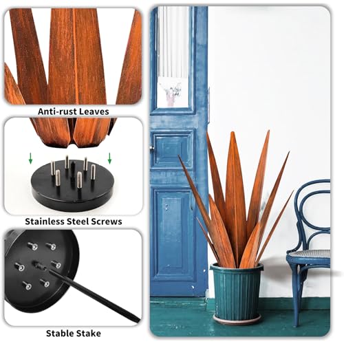 Image of KODIBO 24 inch Metal Agave Plant Outdoor Decor, Large Garden Sculpture, Rusty