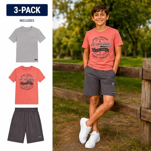 Image of AEROPOSTALE Boys Athletic Shorts Set 3 Piece Graphic T Shirts Fleece Shorts | Soft Breathable Jersey Tees, Elastic Waistband, Side Pockets, Screen-print Design, Durable Stitching for School & Play