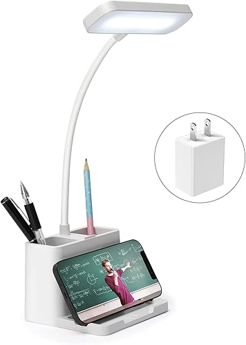 Lámpara de escritorio LED con adaptador luz de escritorio LED Resovo con 2 soportes para bolígrafos2 soportes para teléfono 3 modos de color con