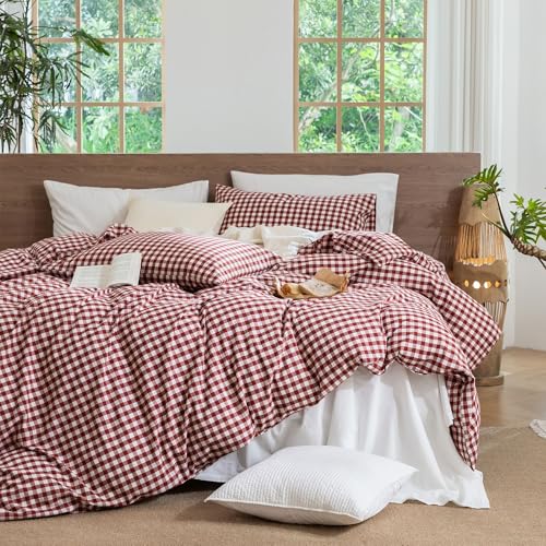 Image of MooMee Gingham Duvet Cover Set 100% Washed Cotton Linen Like Queen | Relaxed Linen-like Texture. Soft, Breathable & Long-lasting Comfort. Lightweight. Hidden Zipper with 8 Interior Corner Ties