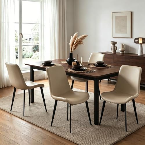 Image of Modern Dining Chairs Set of 8, PU Leather Dining Room Chairs, Upholstered Kitchen Chairs with Ergonomic Backrest & Sturdy Metal Legs, Perfect for Dining Room, Living Room, Khaki