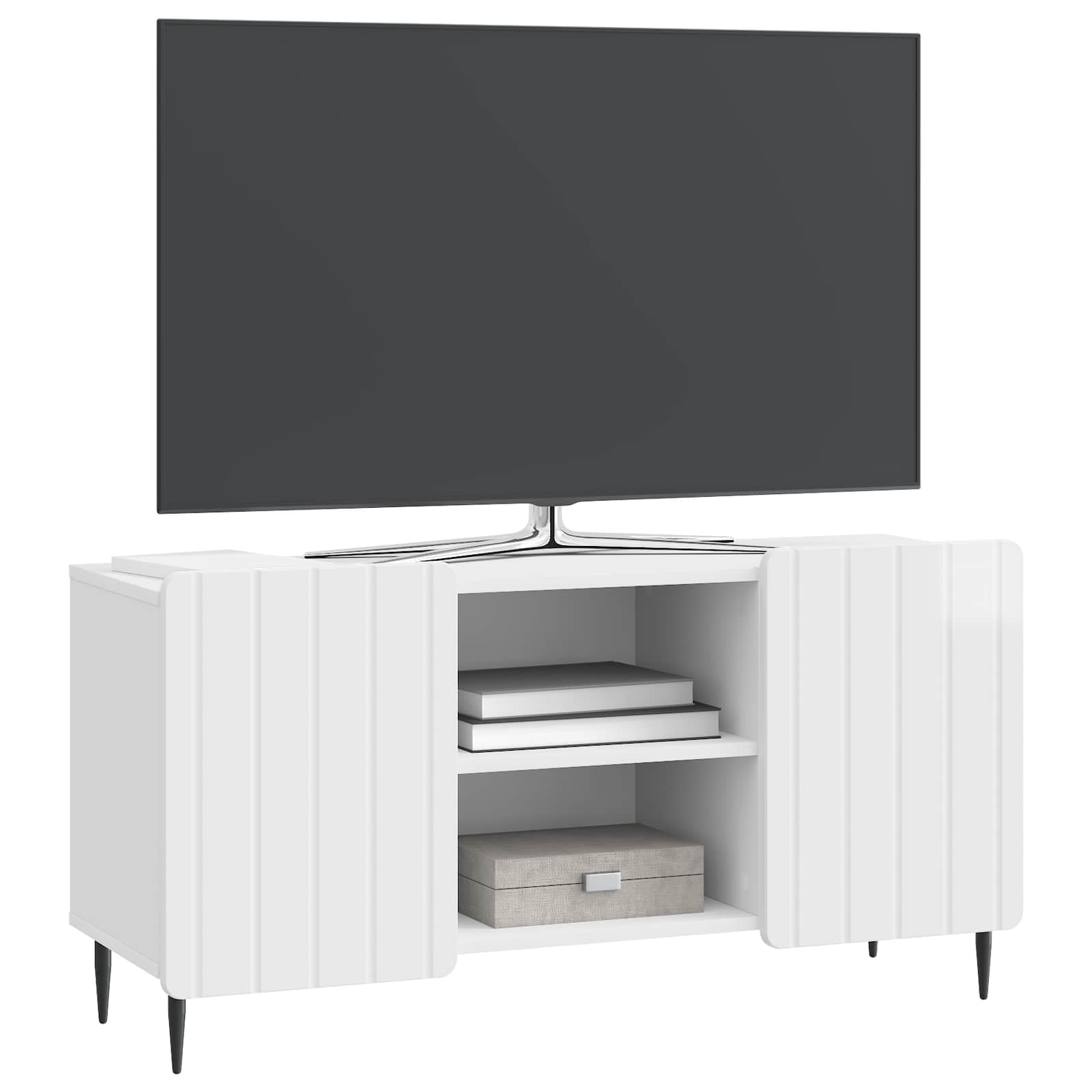 Biały mebel telewizyjny o wysokim połysku, szerokość 102 cm, z miejscem do przechowywania i zarządzaniem kablami, materiał drewnopochodny, nowoczesny kredens do salonu, konsola medialna